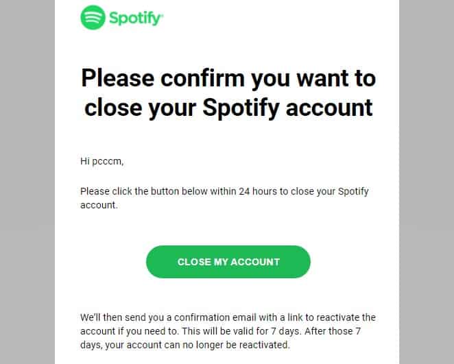 Spotify delete account confirmation email
